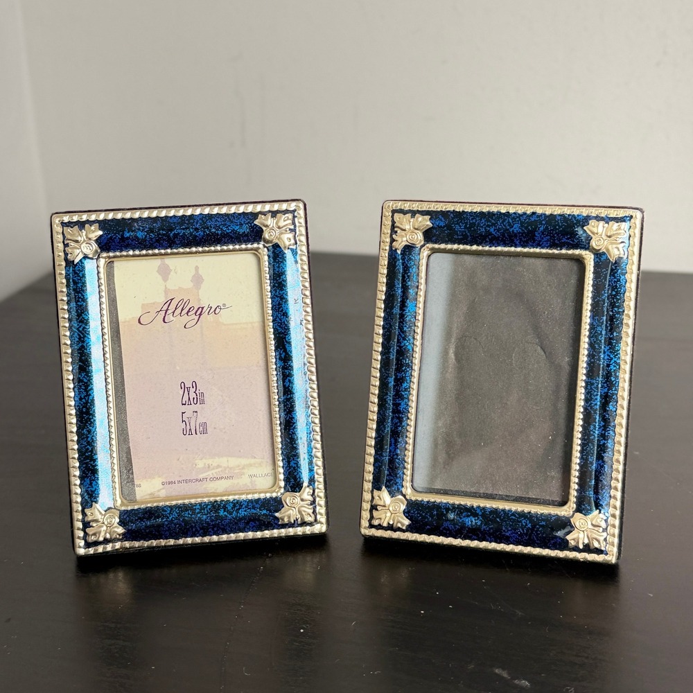 Vintage Allegro Cobalt Blue Enamel Silver Tone 2x3 Picture Frames Set of 2